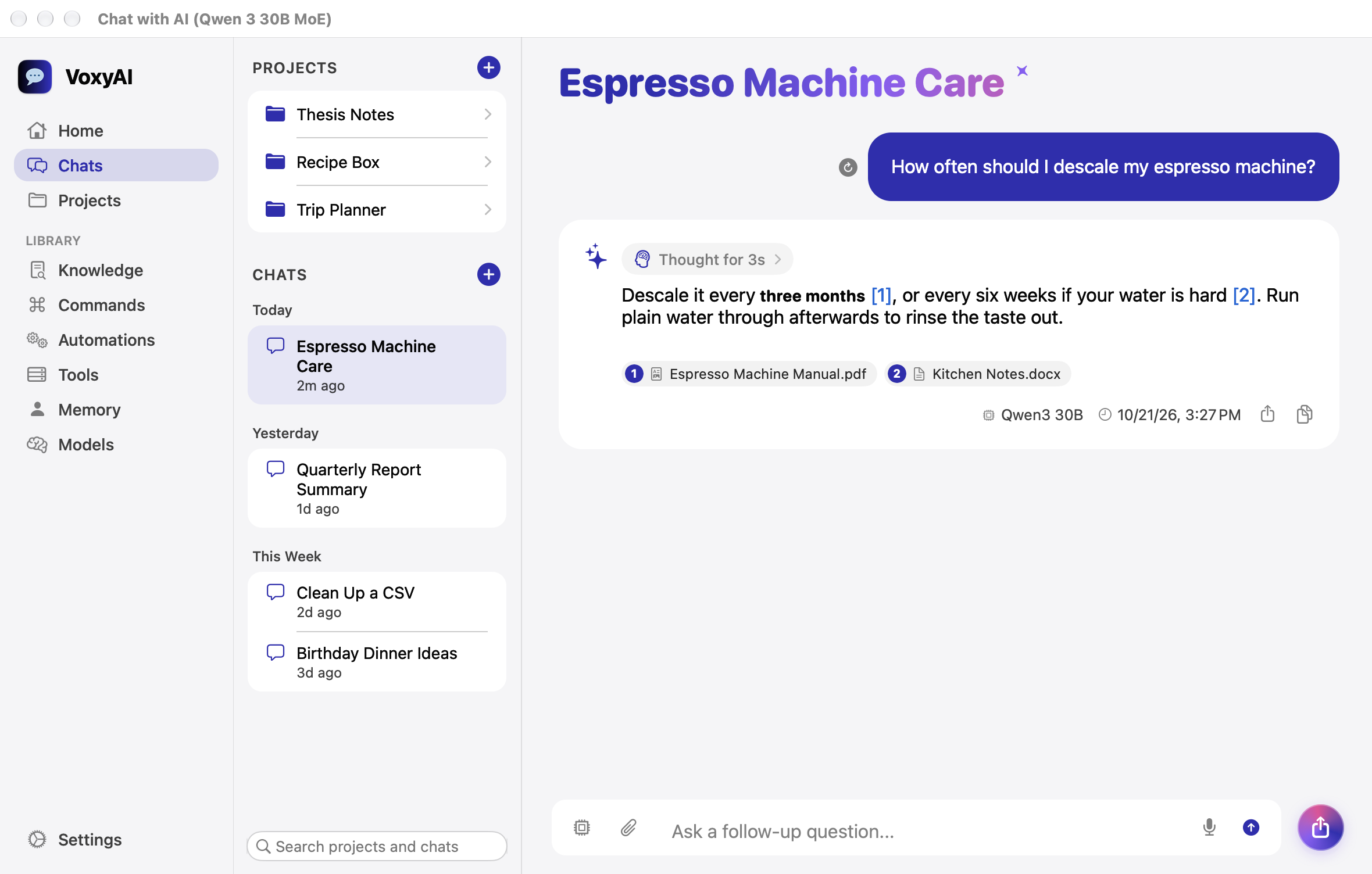 A VoxyAI chat with its thinking folded away and clickable sources